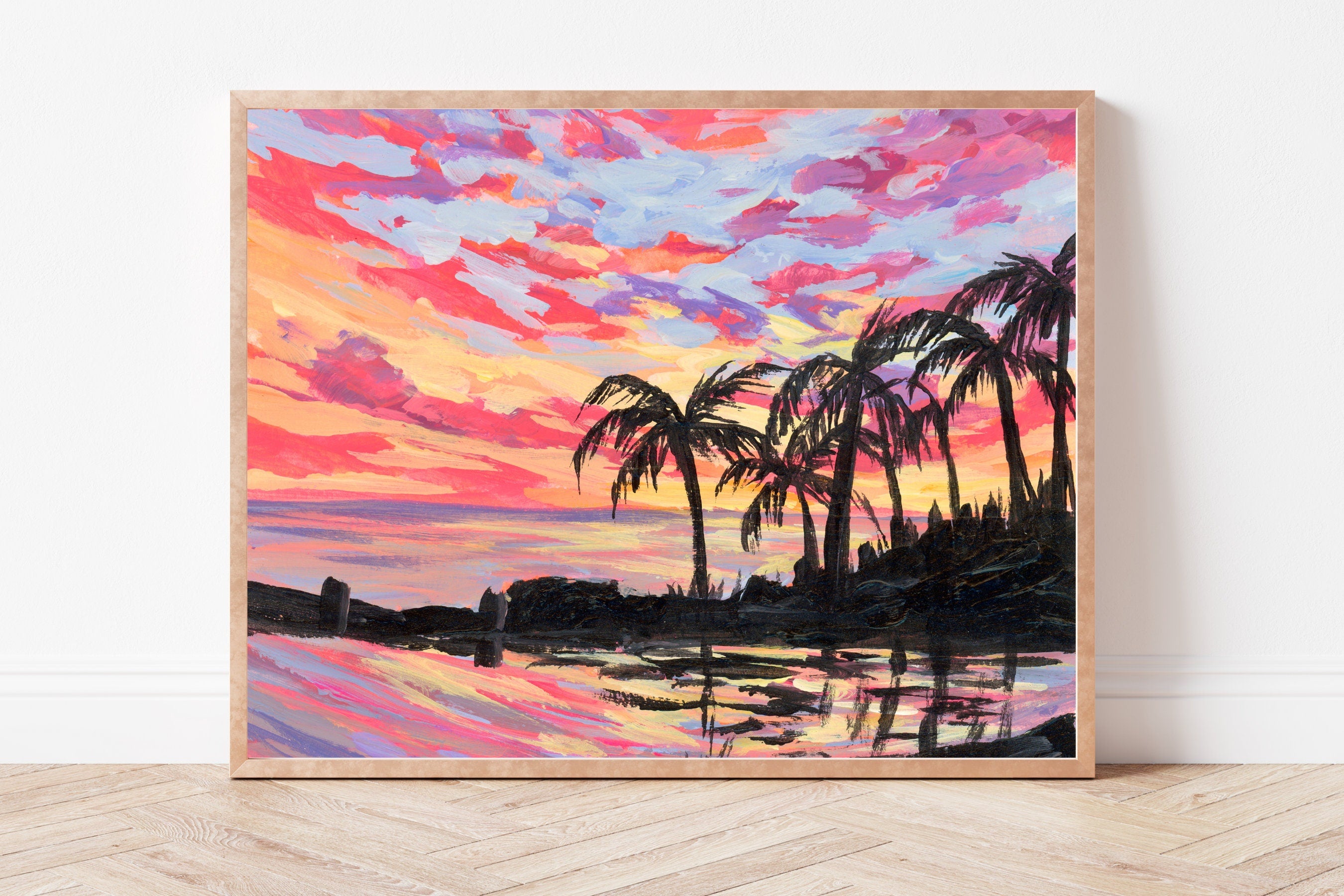 Hawaii Palm Tree Sunset Fine Art Print, Tropical Landscape Painting