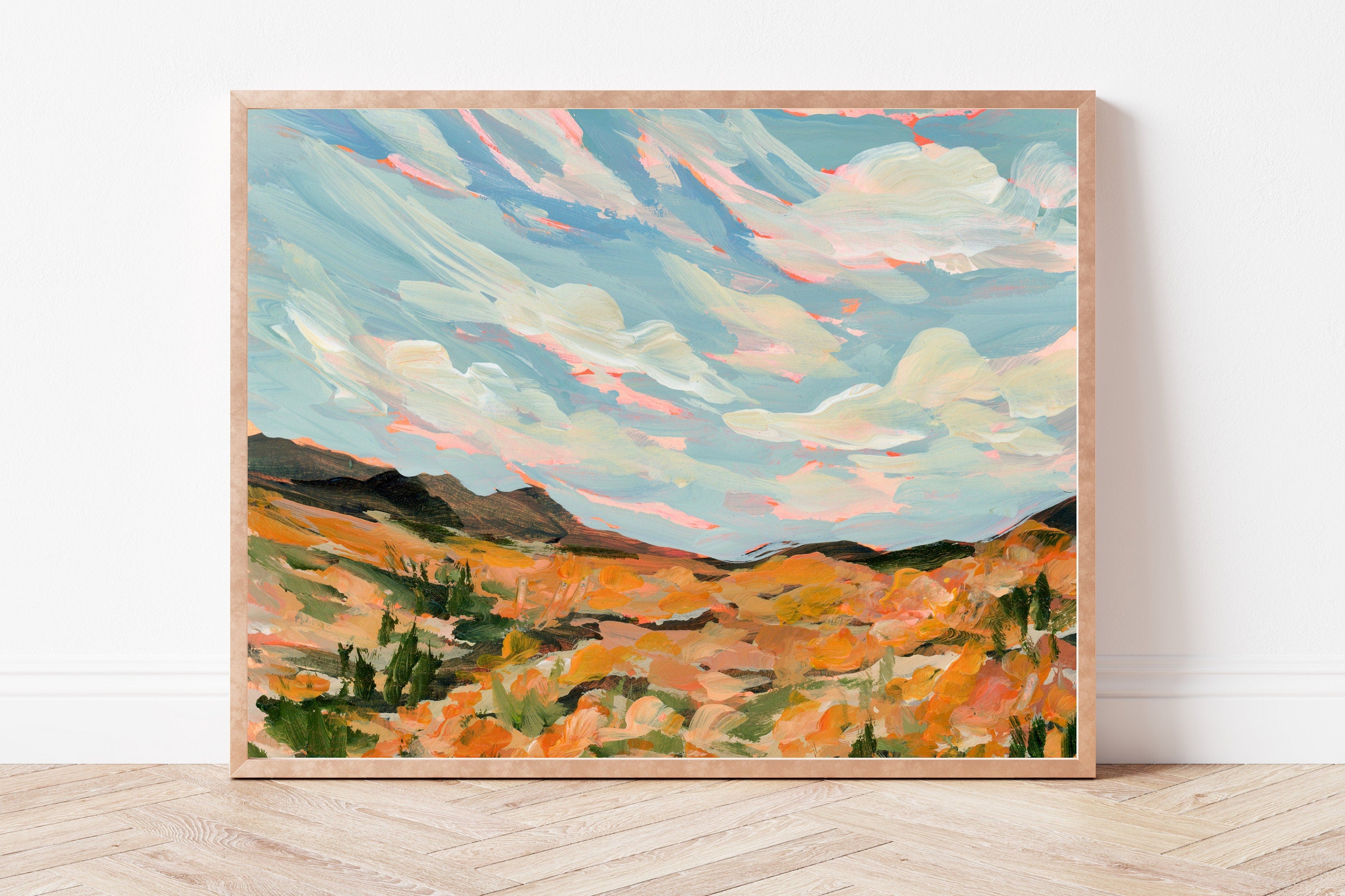 California Poppy Field Fine Art Print, Wildflower Landscape Painting