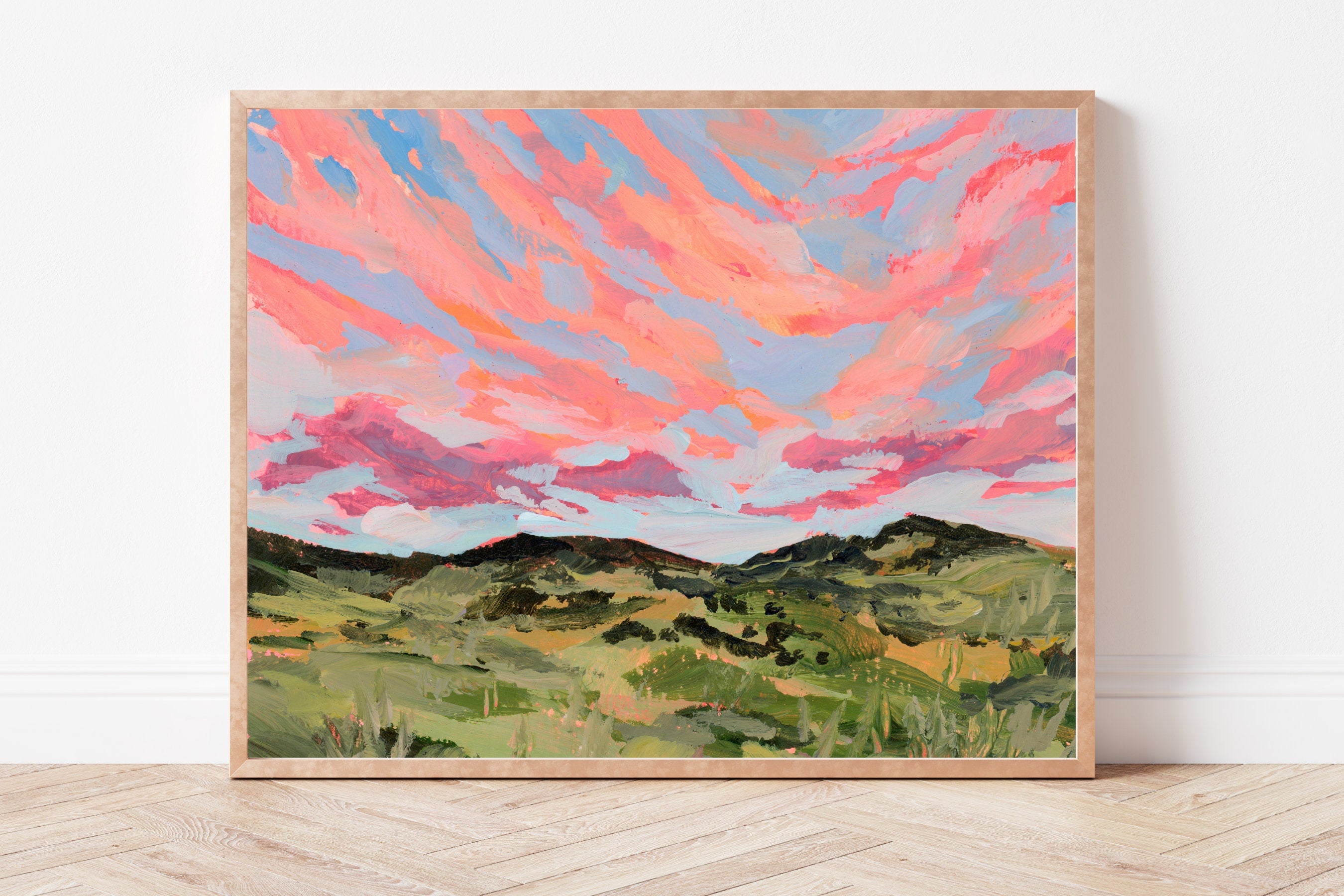 Nebraska Sunset Fine Art Print, Rural Landscape Painting, Pink Sky Wall Art