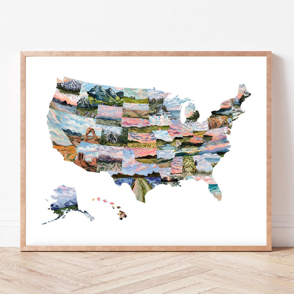 Framed map of the United States with scenic images on a white wall.
