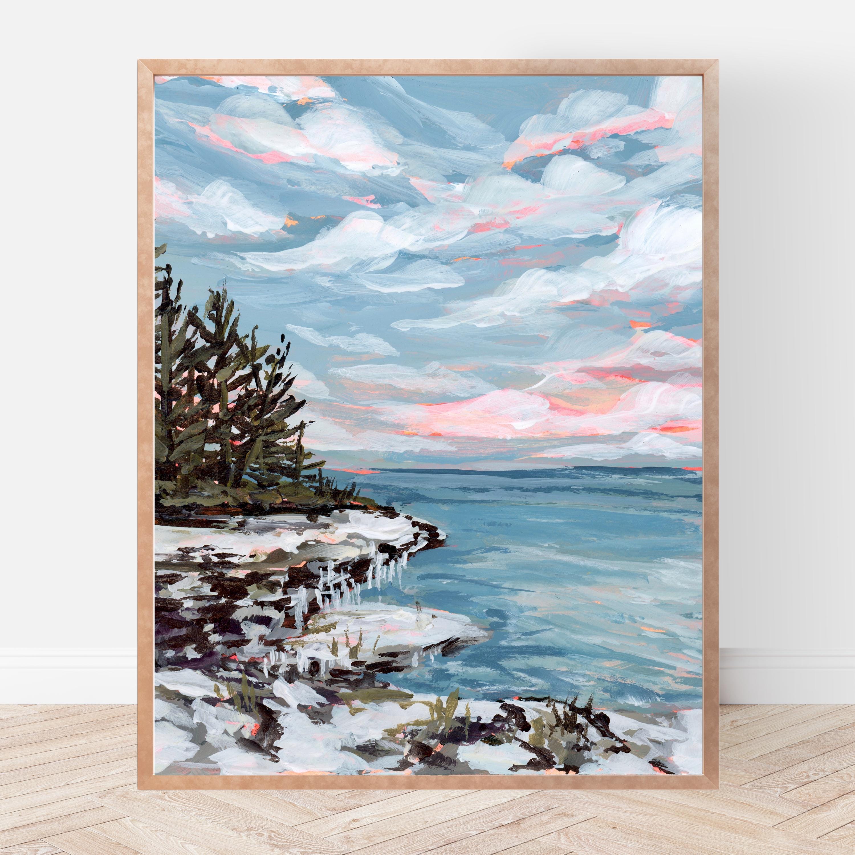 Wisconsin Winter Fine Art Print, Lake Landscape Painting, Lake House Decor