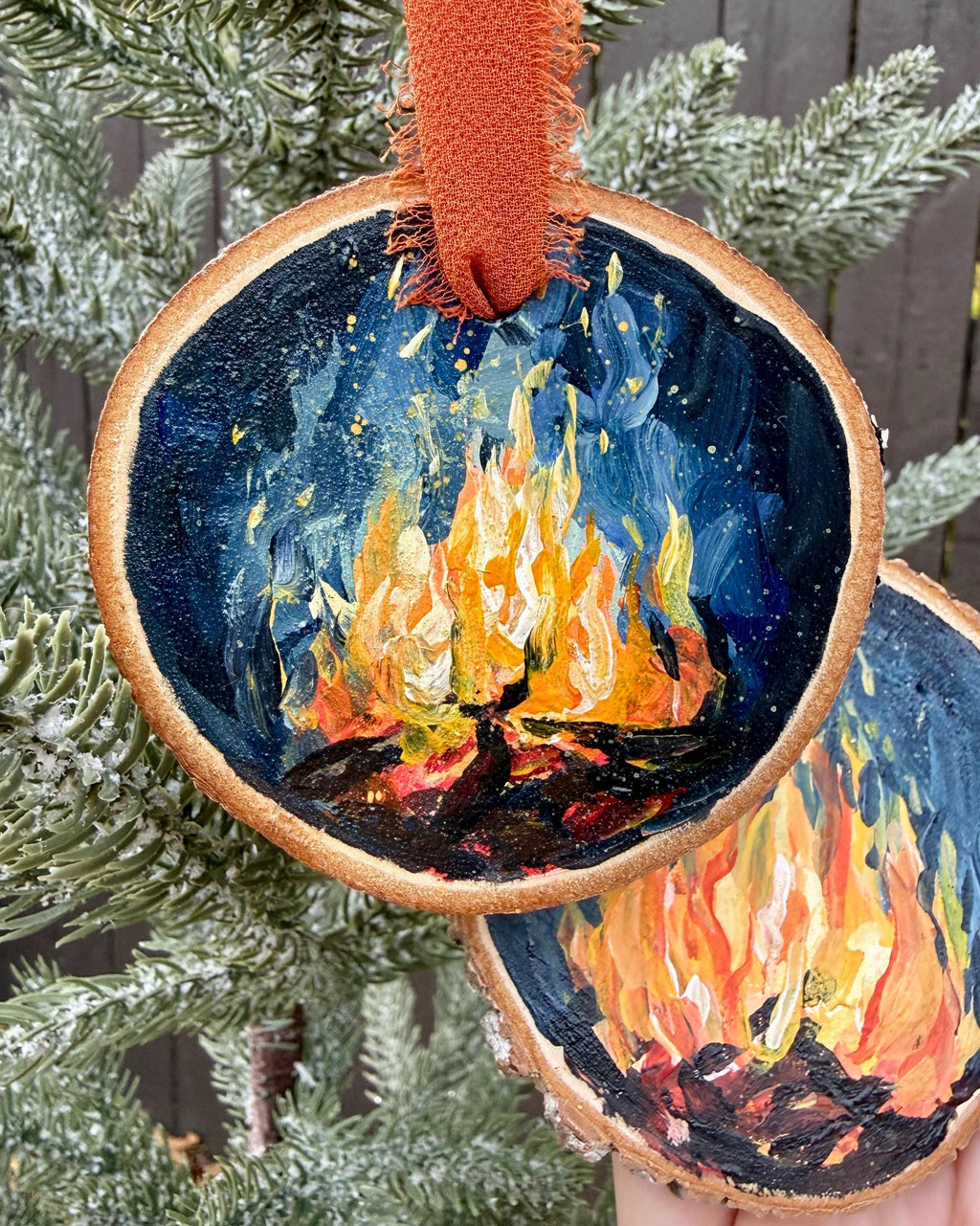 Campfire Ornament: Hand Painted Wood Slice Artwork