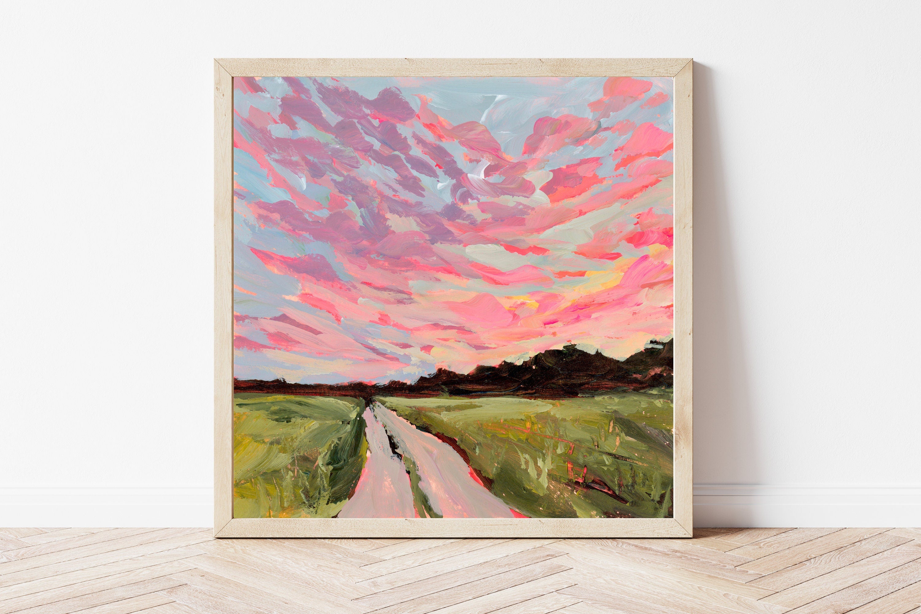 Oklahoma Sunset Fine Art Print, Rural Landscape Painting, Pink Sky Wall Art