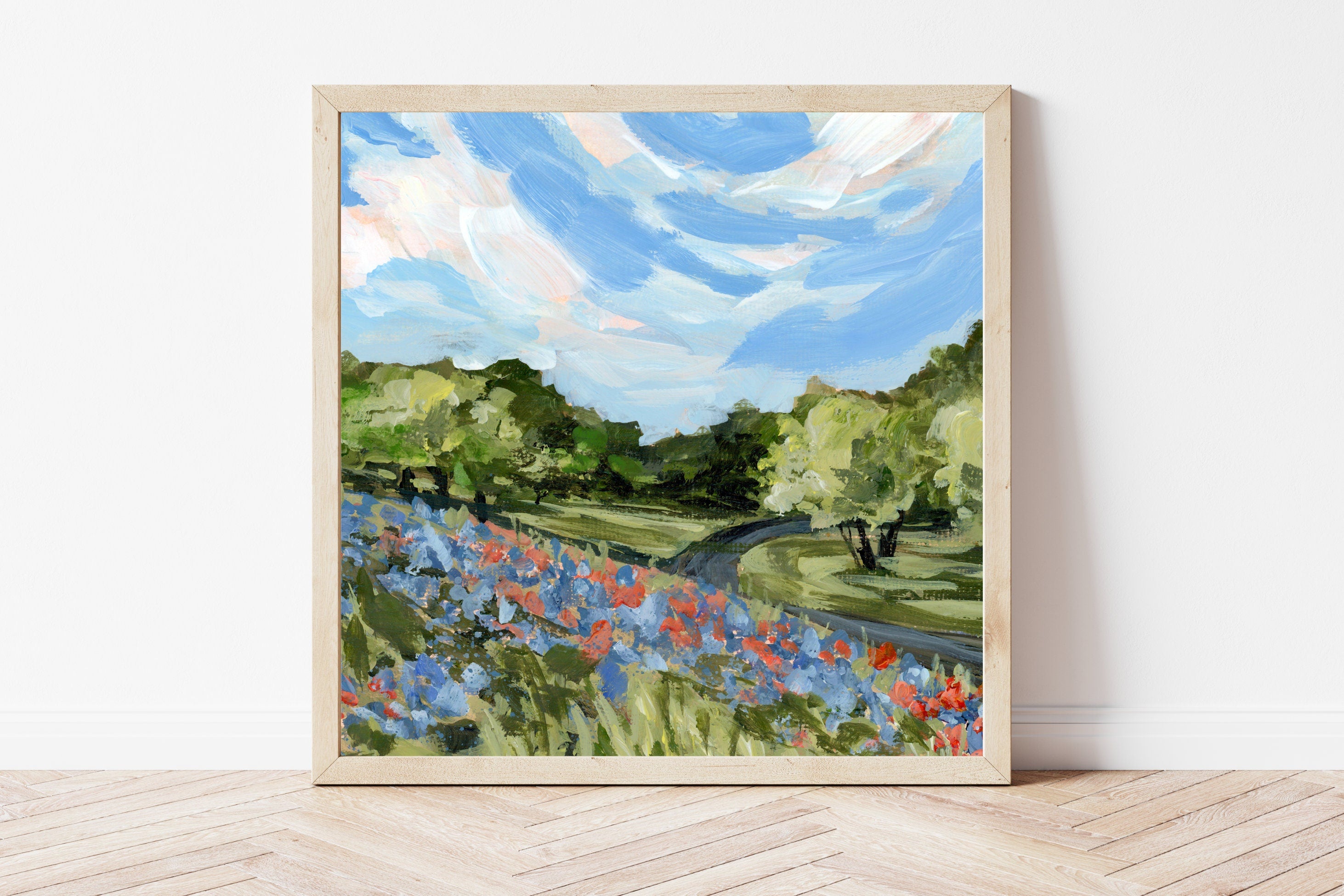 Texas Bluebonnet Trail Art Print, Hill Country Landscape Painting