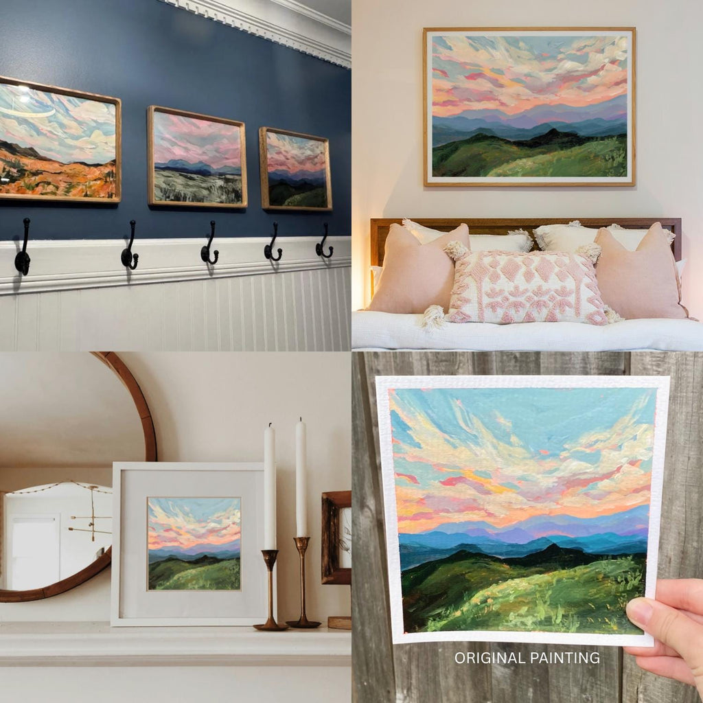 Collage of scenic landscape paintings in various settings, including a bedroom and living room.