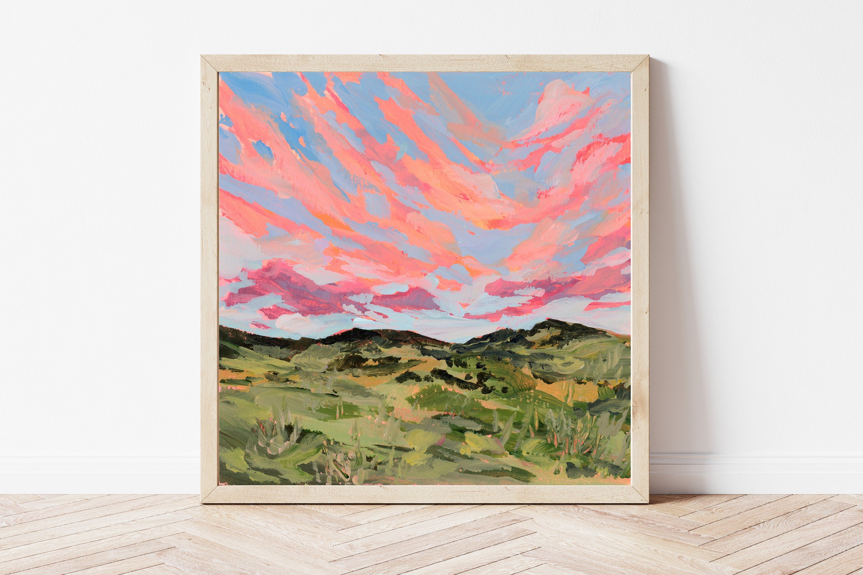 Nebraska Sunset Fine Art Print, Rural Landscape Painting, Pink Sky Wall Art