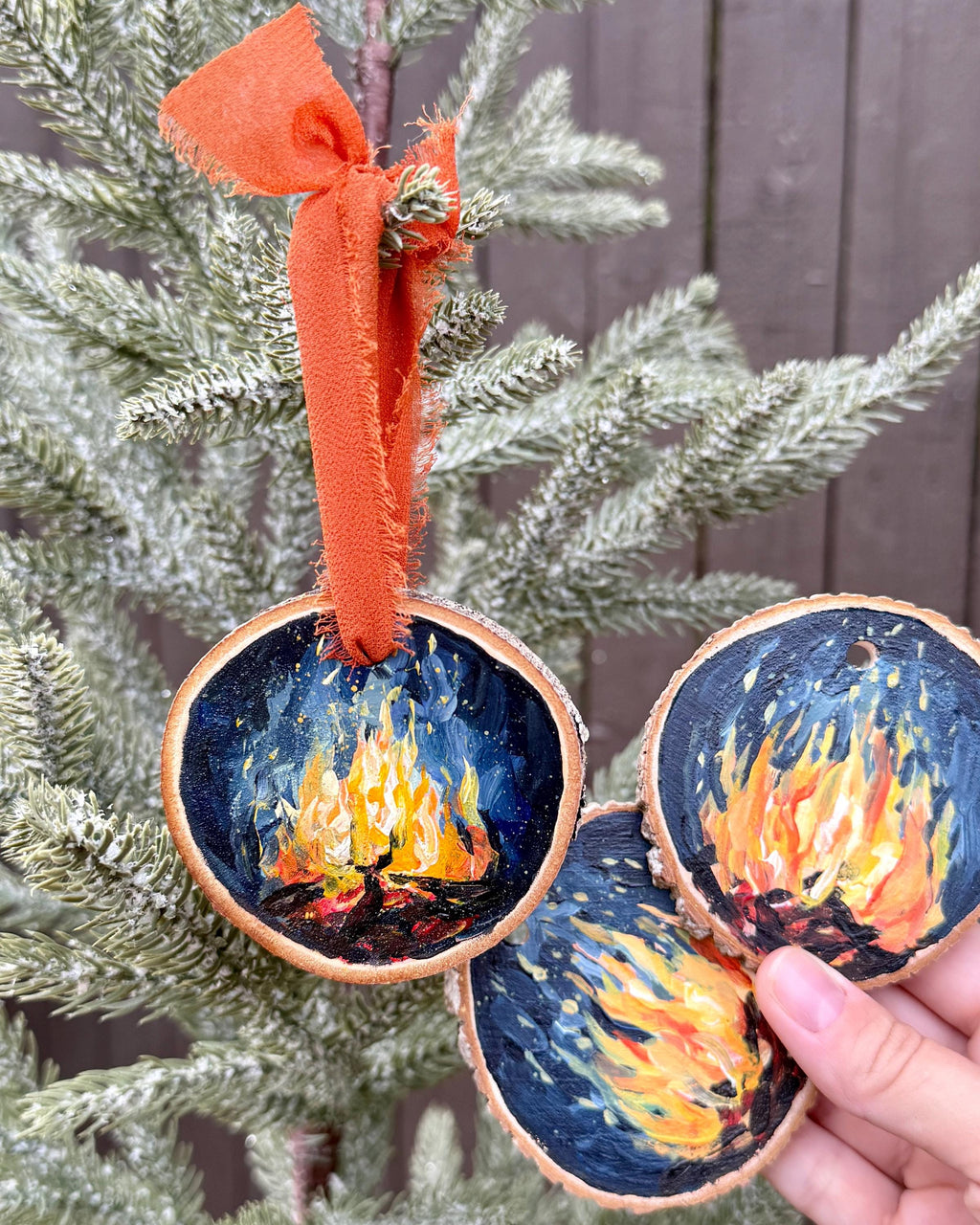 Campfire Ornament: Hand Painted Wood Slice Artwork