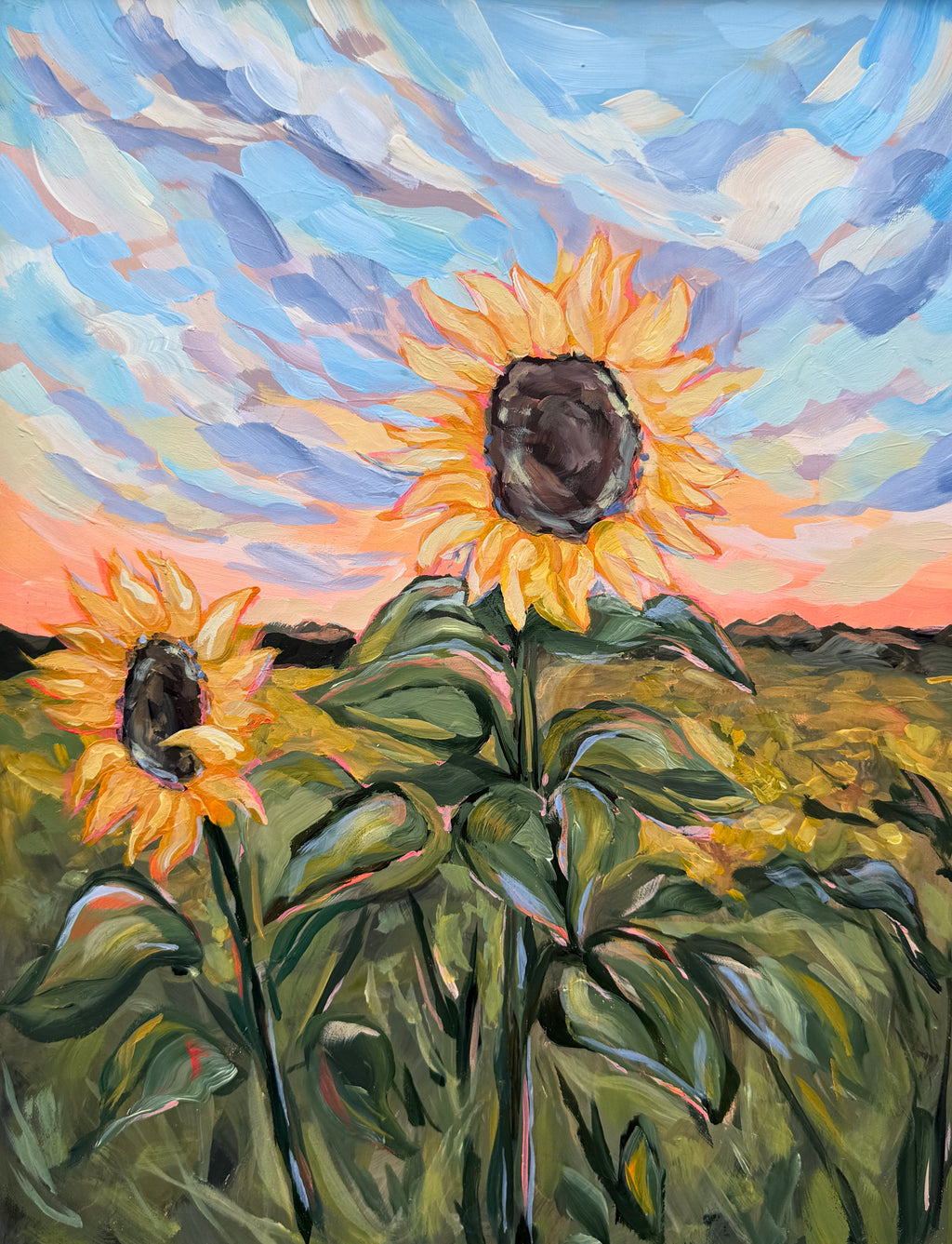 Acrylic painting of sunflowers with a colorful sky in the background.