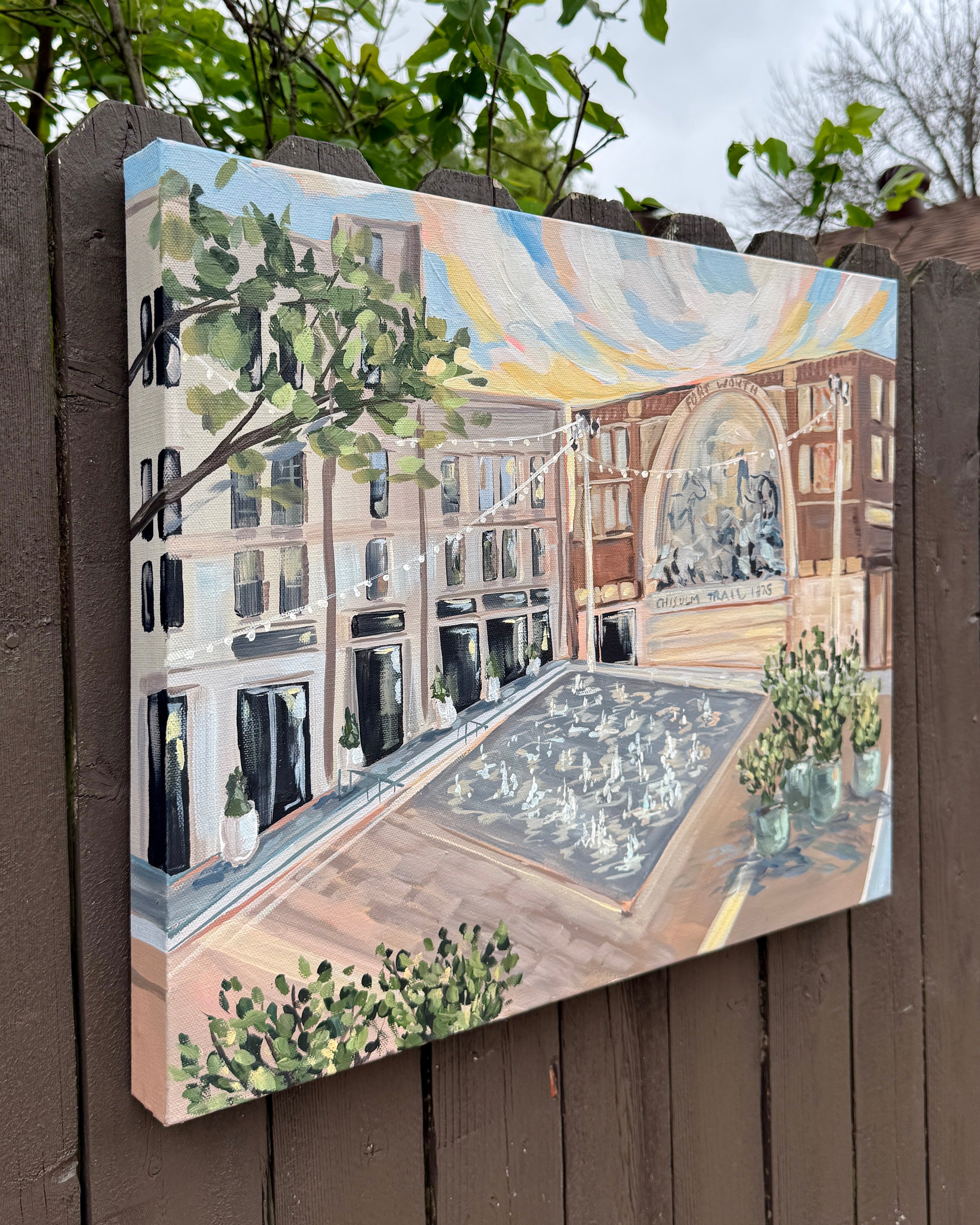 Painting of the Sundance Square plaza in Fort Worth Texas.