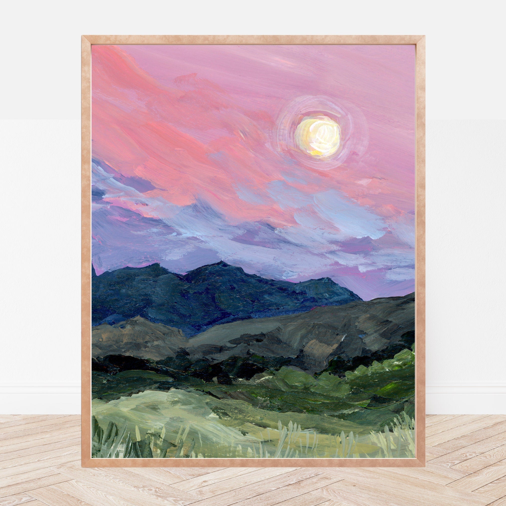 Framed art print of the Chisos Mountains in Big Bend National Park under a moonlit sky. 