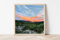 Framed fine art print of a West Virginia sunset overlooking the forest landscape. 