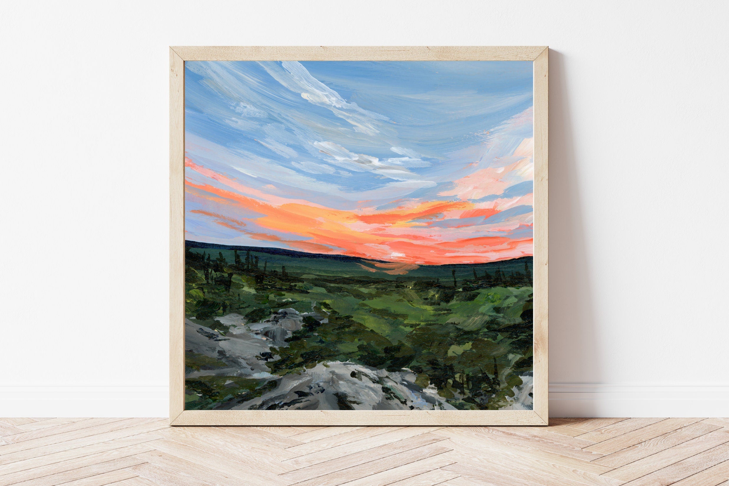 Framed fine art print of a West Virginia sunset overlooking the forest landscape. 