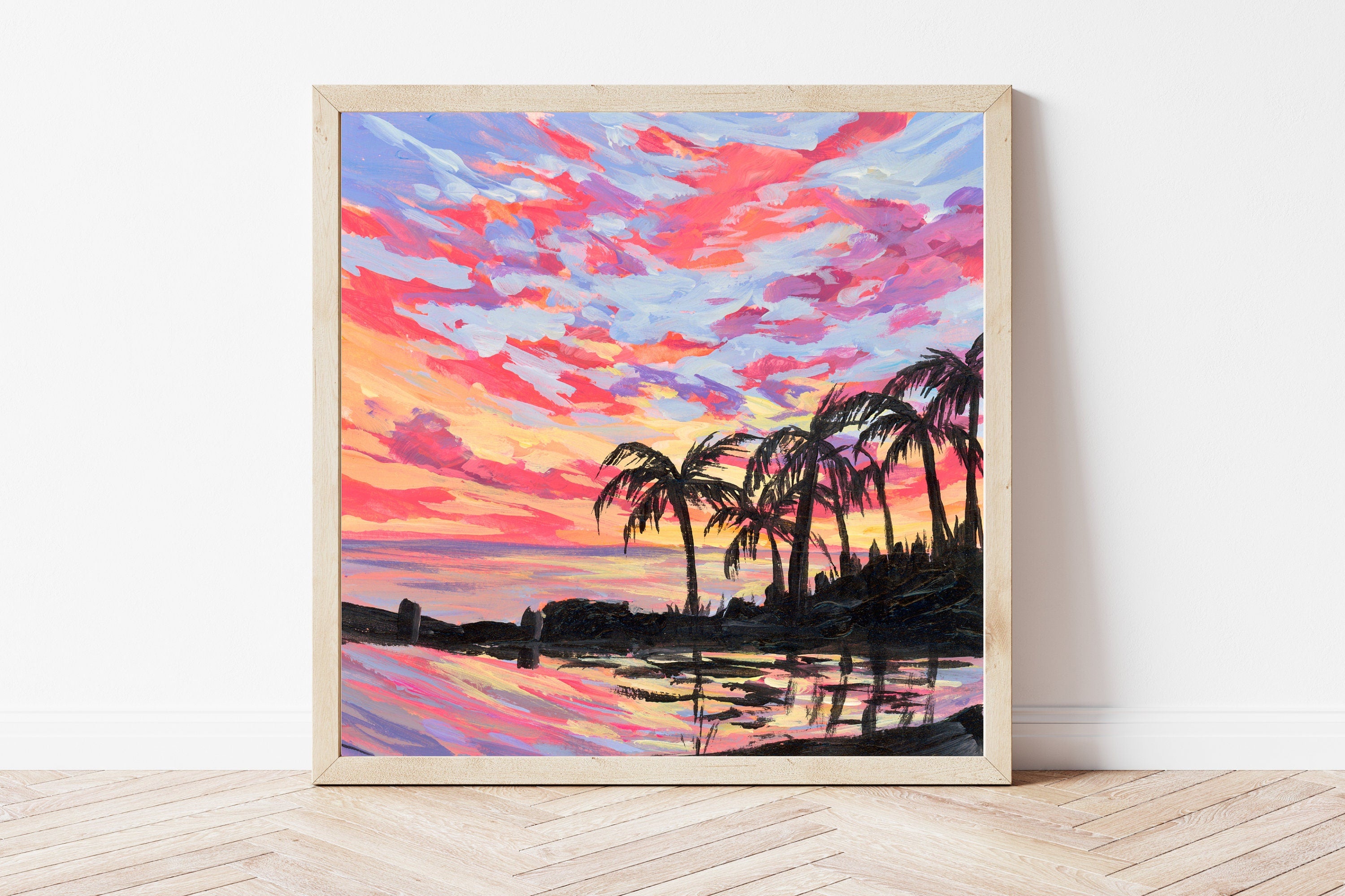 Hawaii Palm Tree Sunset Fine Art Print, Tropical Landscape Painting