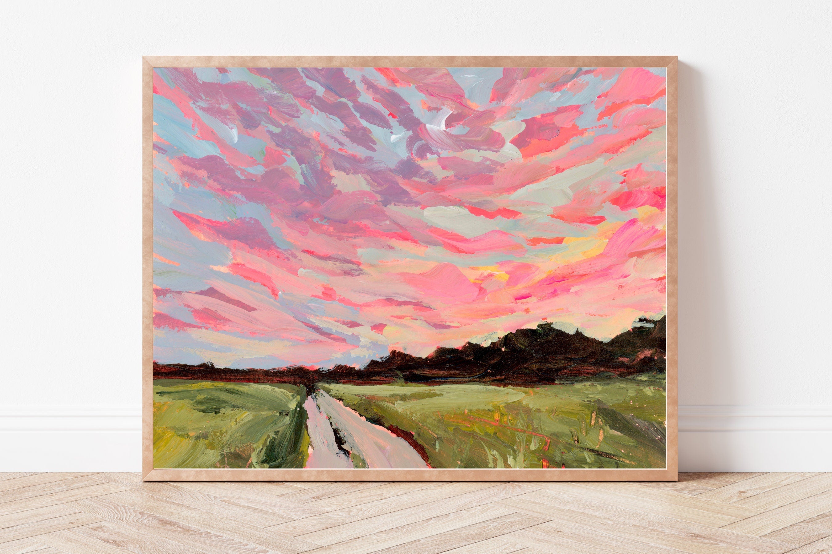 Oklahoma Sunset Fine Art Print, Rural Landscape Painting, Pink Sky Wall Art