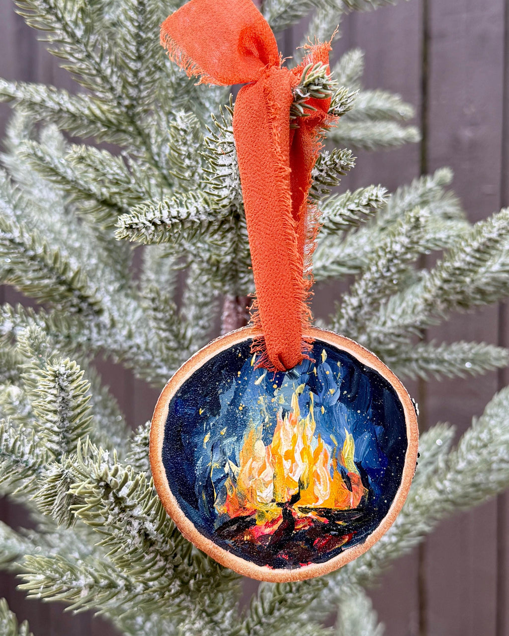 Campfire Ornament: Hand Painted Wood Slice Artwork