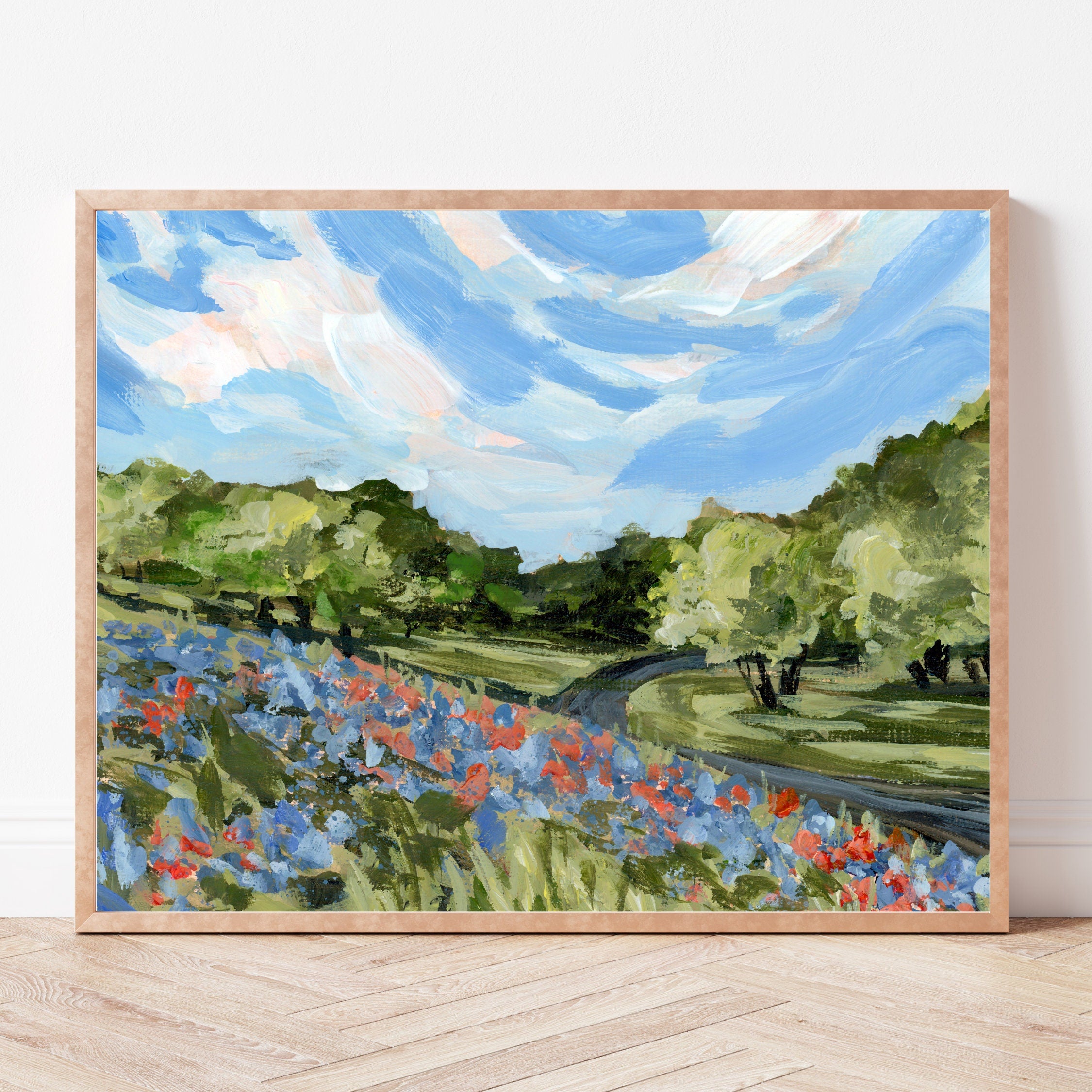 Texas Bluebonnet Trail Art Print, Hill Country Landscape Painting