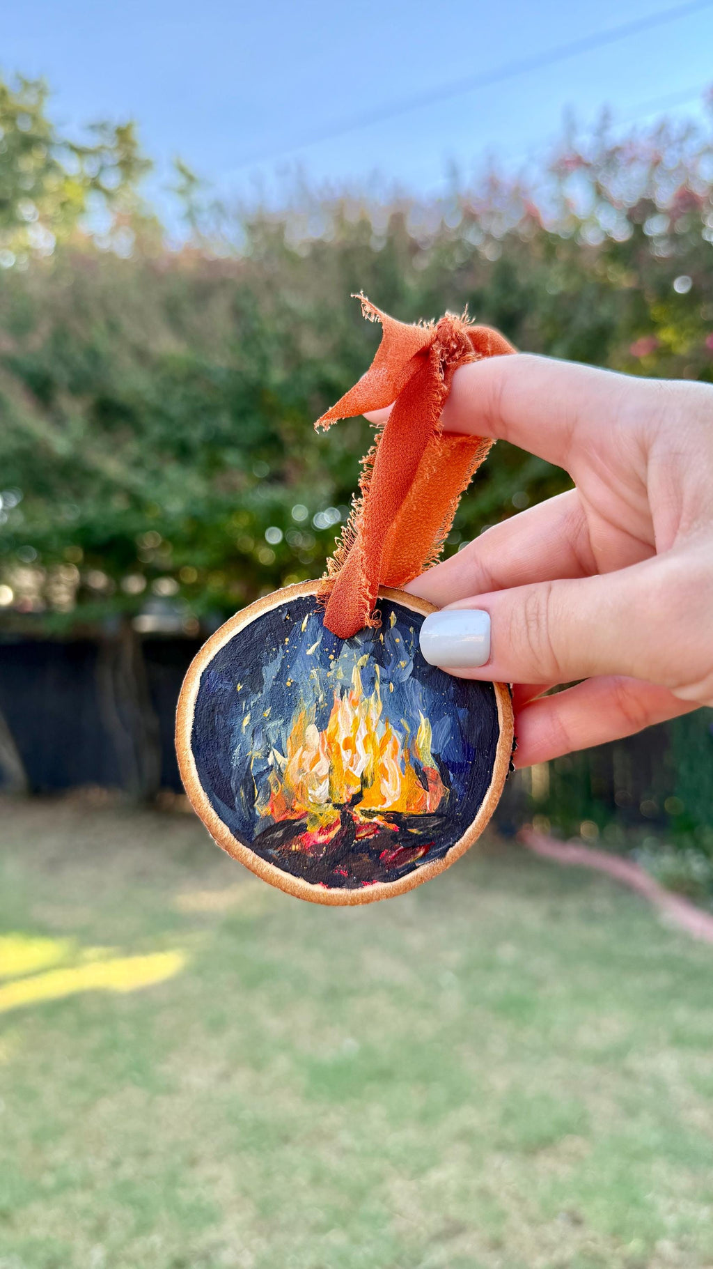 Campfire Ornament: Hand Painted Wood Slice Artwork