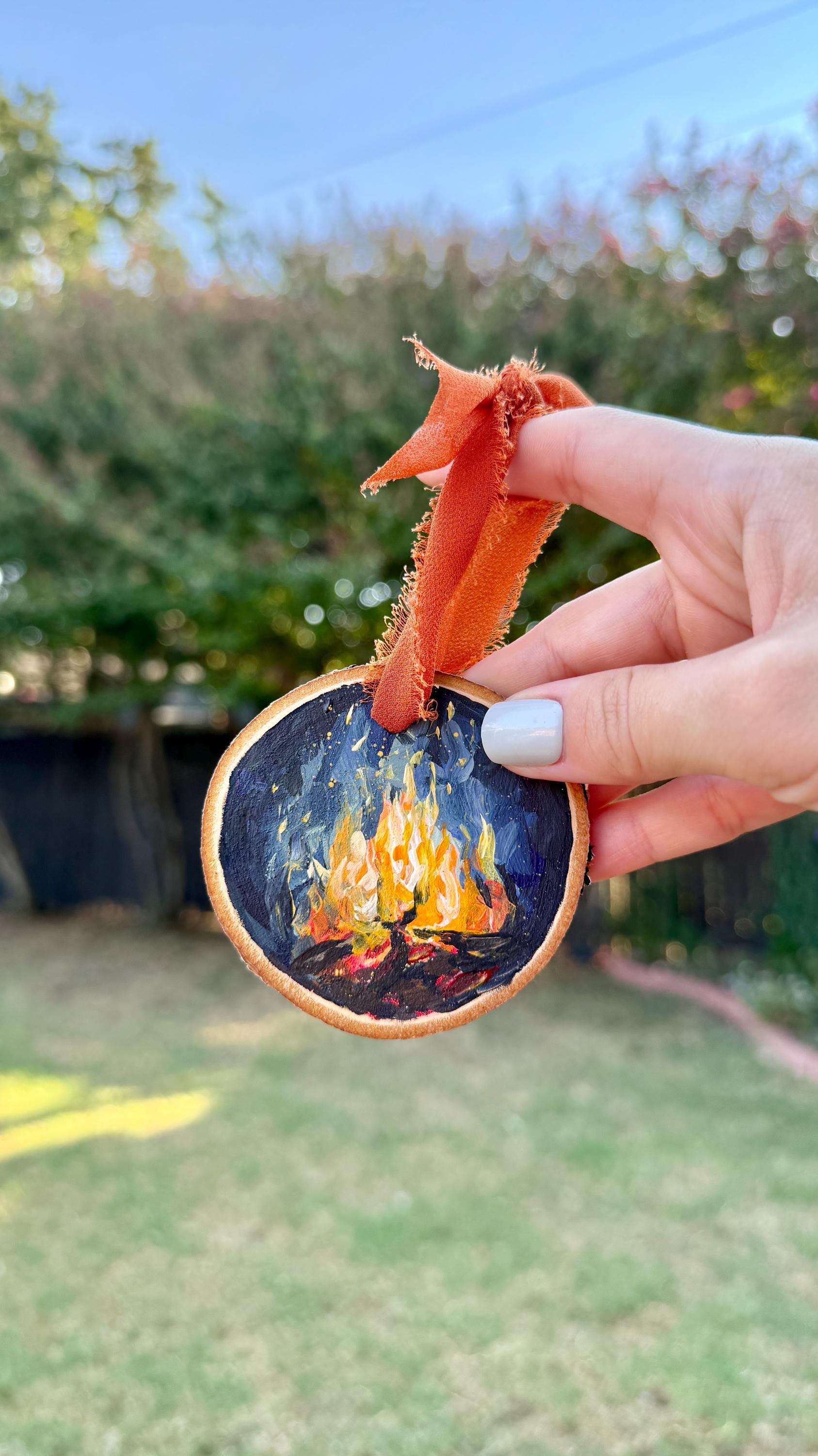 Campfire Ornament: Hand Painted Wood Slice Artwork